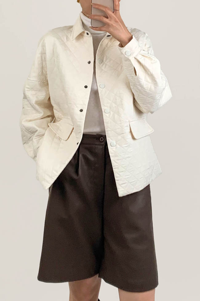 Ivory Relaxed Button-Up Quilted Shirt Jacket 
