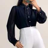 Black High Neck Ruffle Detail Button-Up Work Shirt