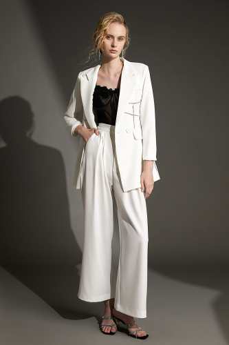 White Rhinestone-Embellished Double-Breasted Longline Blazer
