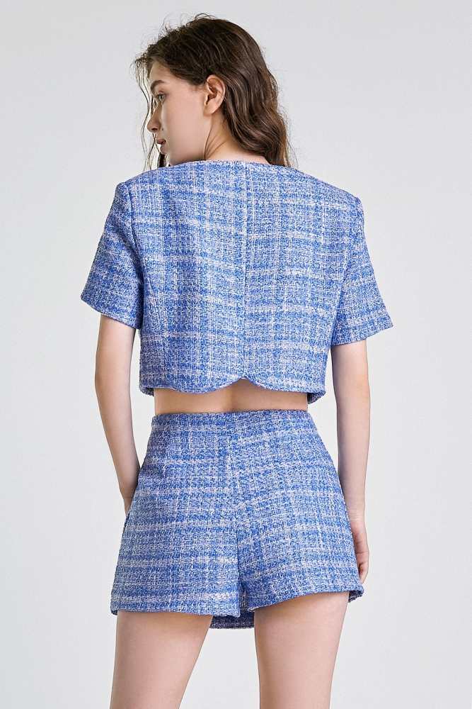 Dodger Blue Button-Up Short Sleeve Cropped Tweed Jacket