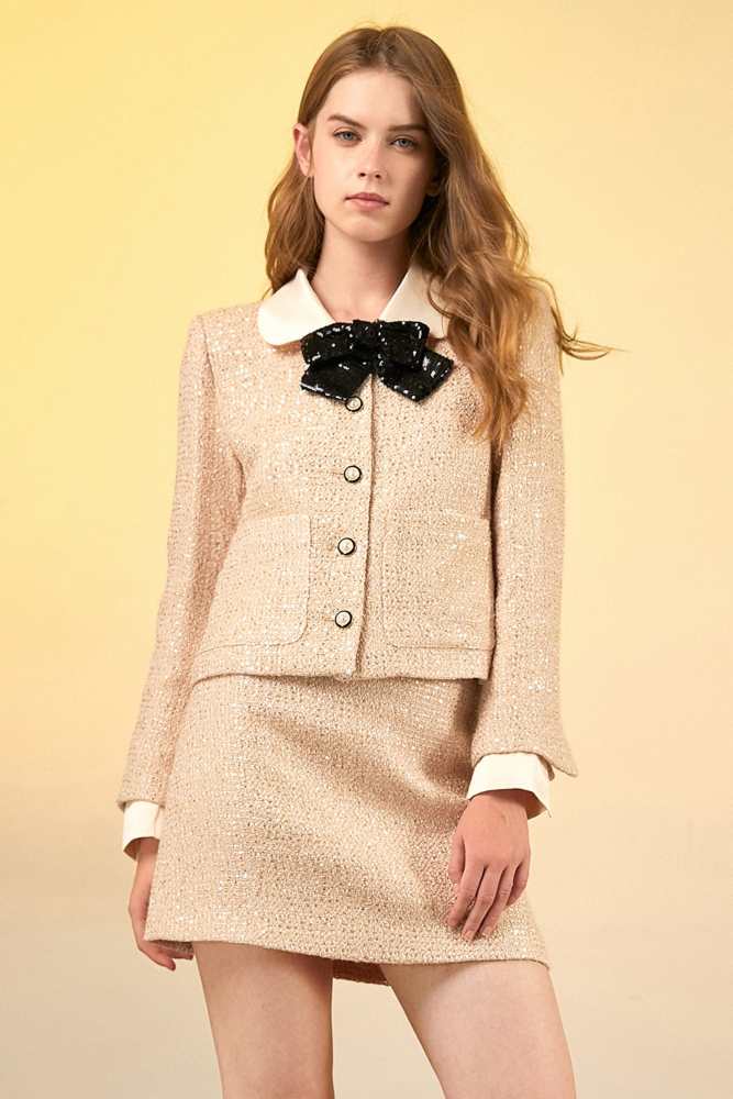 Pink Tweed Lapel Collar Button-Up Jacket