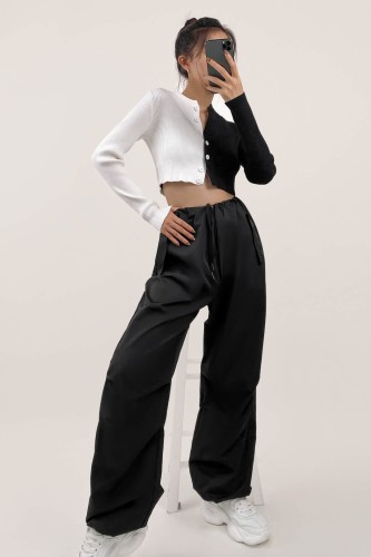 Black Mid Rise Drawstring Cargo Pants