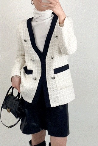 Floral White Contrast Trim Double-Breasted Wool-Blend Tweed Jacket 