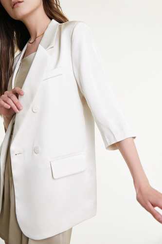 Floral White Satin Three-Quarter Sleeve Longline Blazer