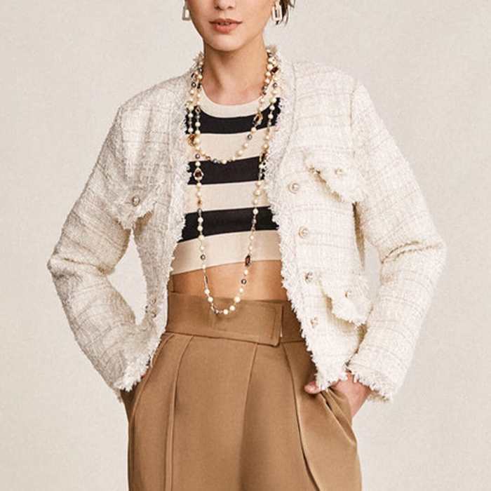 White Frayed V-Neck Tweed Jacket