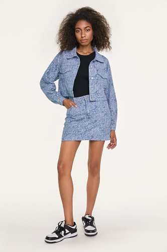 Light Blue Floral Print Button-Up Cropped Denim Jacket