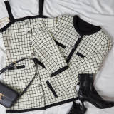 Ivory Contrast Trim Checked Wool-Blend Tweed Jacket 