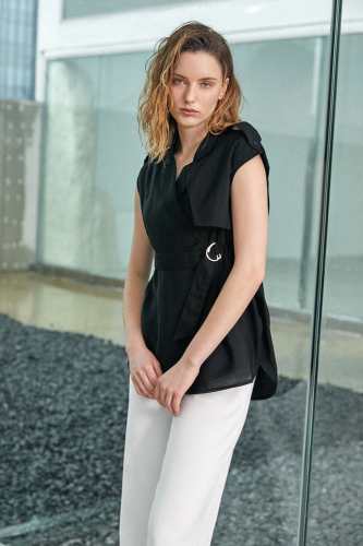 Black Belted Asymmetric Sleeveless Vest-Jacket