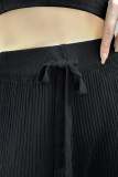 Black Drawstring Ribbed Knit Wide Leg Pants