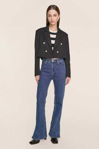 Black Textured Double-Breasted Cropped Tweed Blazer