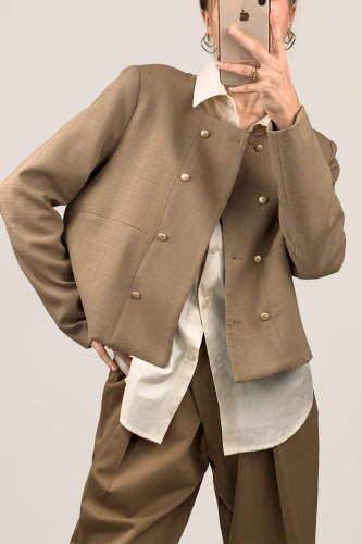 Tan Round Neck Double-Breasted Jacket