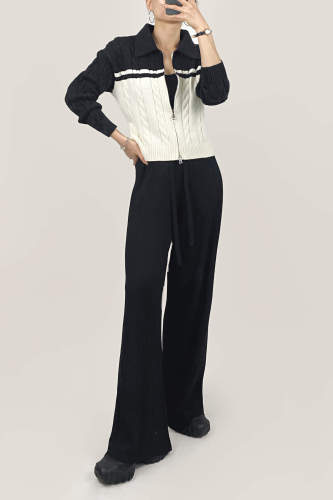 Black Drawstring Ribbed Knit Wide Leg Pants