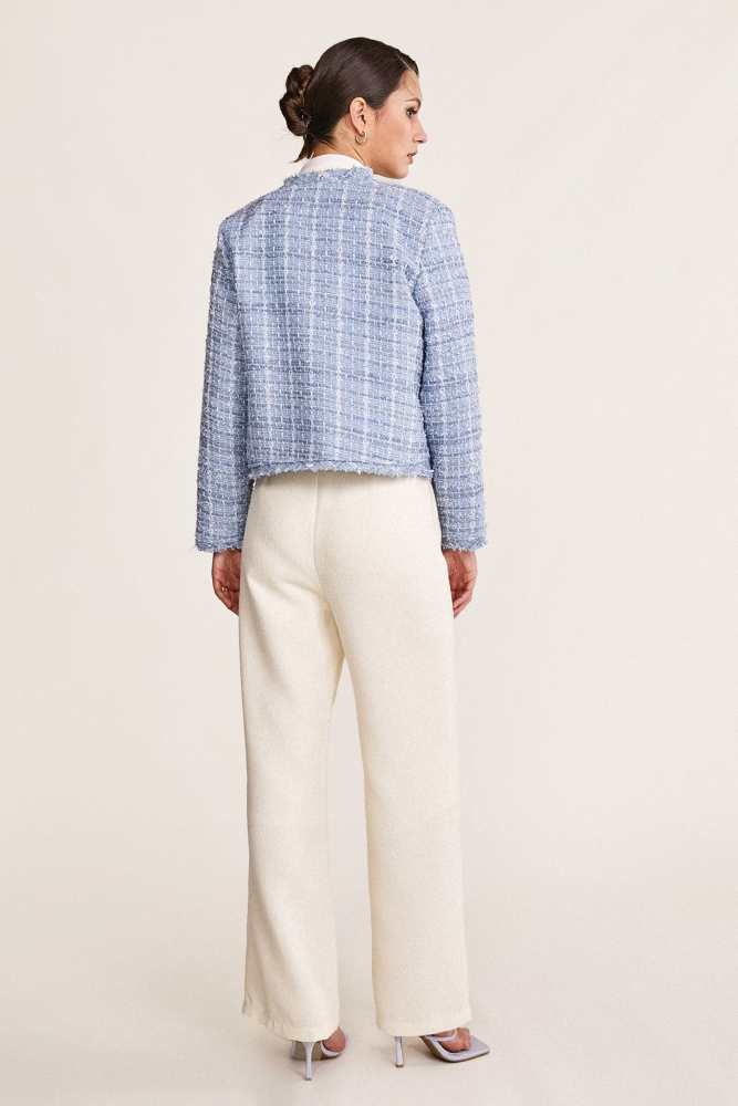 Light Sky Blue Frayed V-Neck Tweed Jacket