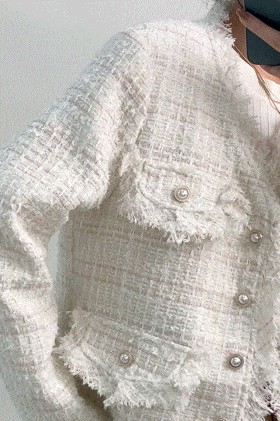 White Frayed V-Neck Tweed Jacket