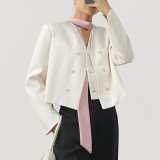 Ivory Double-Breasted V-Neck Cropped Jacket