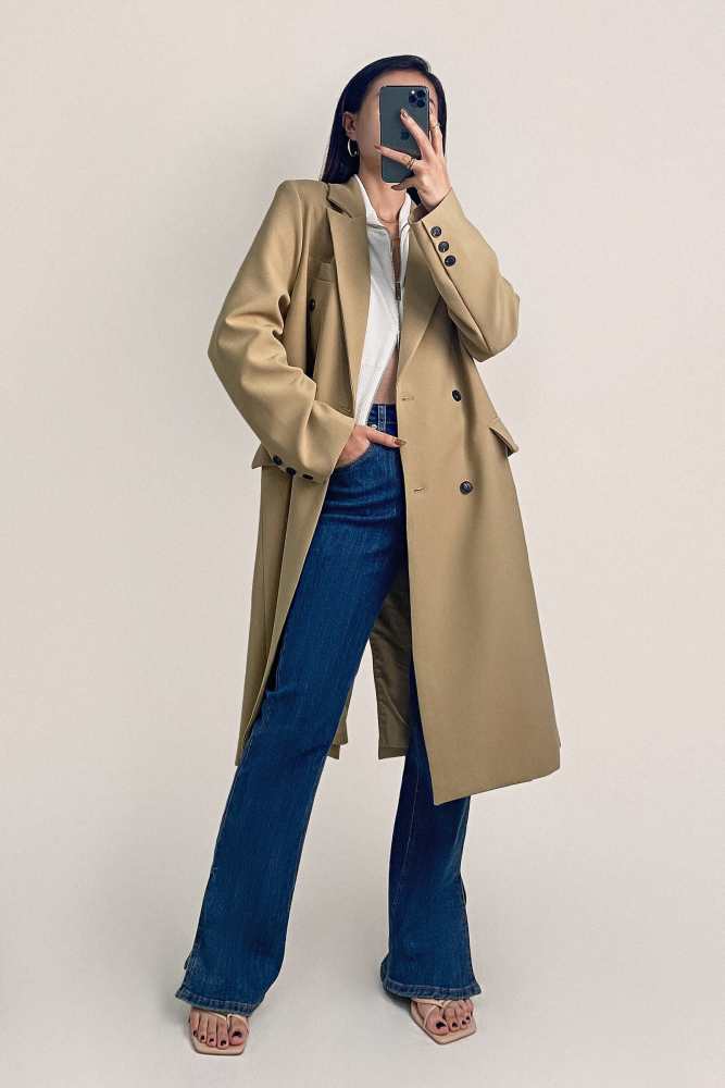 Khaki Padded Shoulder Double-Breasted Longline Coat