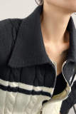 Black Collared Color Block Cable Knit Zip-Up Cardigan