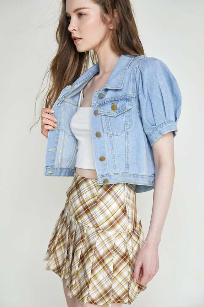 Light Slate Gray Puff Sleeve Pocket Detail Cropped Denim Jacket