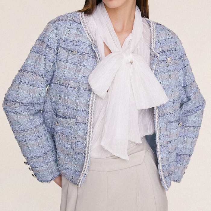 Light Sky Blue Braided Trim Metallic Thread Tweed Jacket