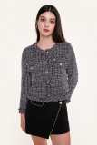 Black Frayed Trim Button-Up Cropped Tweed Jacket
