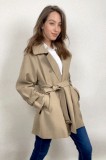 Khaki Double-Breasted Belted Short Trench Coat