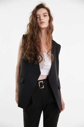 Black Open Front Overlap Back Longline Vest