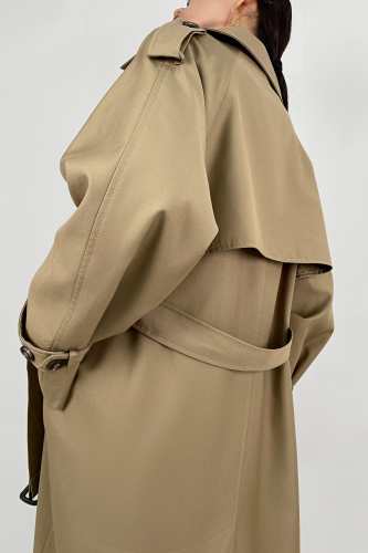 Tan Double-Breasted Belted Longline Trench Coat