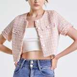 Pink Button-Up Short Sleeve Cropped Tweed Jacket
