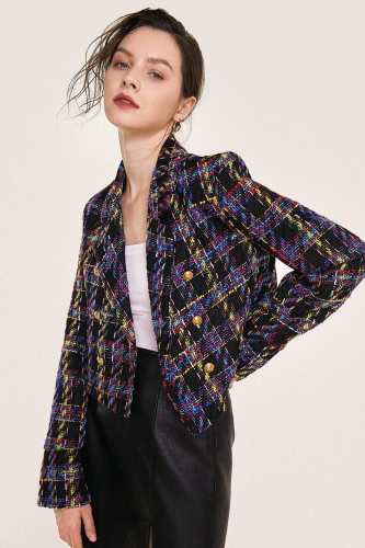 Multicolor Plaid Double-Breasted Cropped Tweed Blazer
