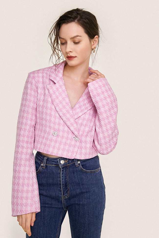 Pink Textured Houndstooth Double-Breasted Cropped Blazer