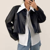 Black Button Front Vegan Leather Jacket 