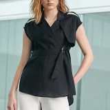 Black Belted Asymmetric Sleeveless Vest-Jacket