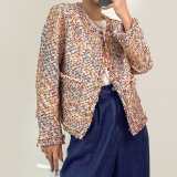 Multicolor Frayed Trim Button-Up Tweed Jacket