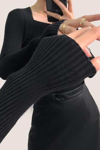 Black Ribbed Knit Square Neck Sweater