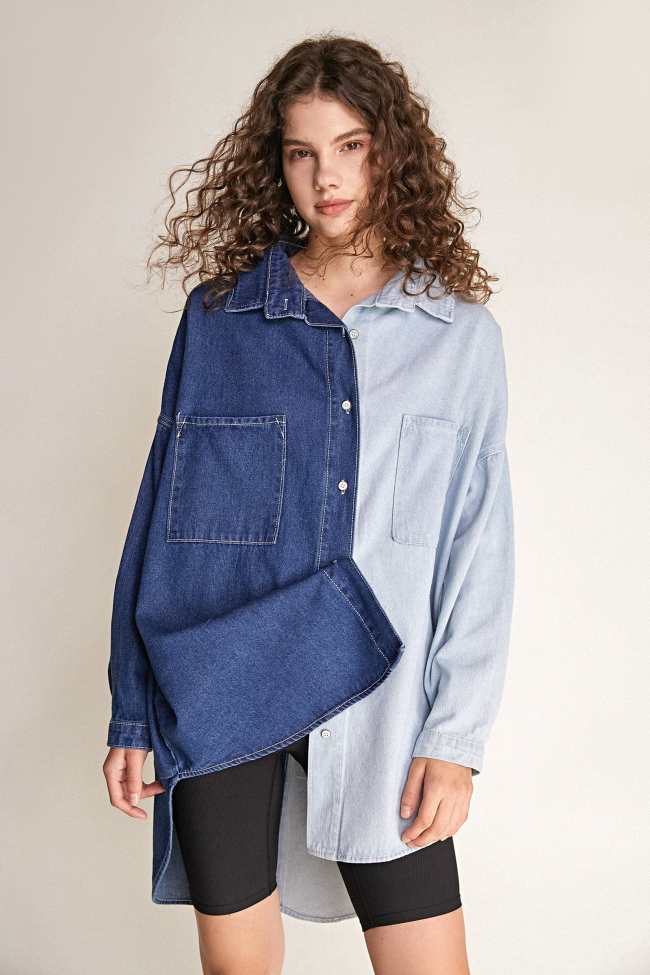 Blue Two Tone Oversized Denim Shirt