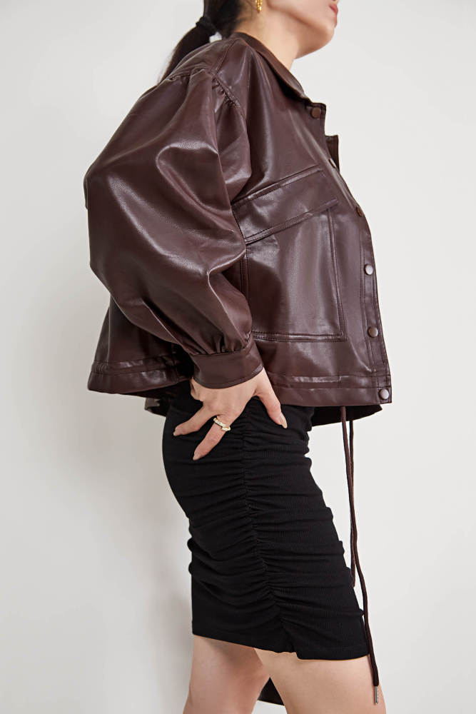 Brown Drawstring Hem Button Front Flap Pocket Vegan Leather Jacket