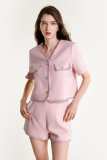 Pink Button-Up Short Sleeve Braided Trim Cropped Jacket
