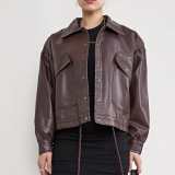 Brown Drawstring Hem Button Front Flap Pocket Vegan Leather Jacket