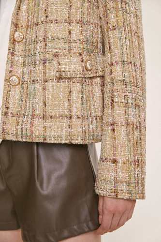 Tan Textured Plaid Button-Up Cropped Tweed Blazer