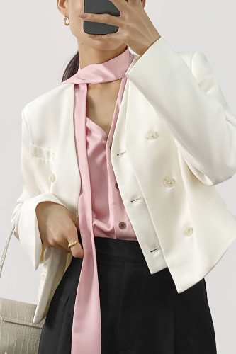 Ivory Double-Breasted V-Neck Cropped Jacket