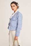 Light Sky Blue Frayed V-Neck Tweed Jacket