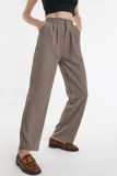 Tan Half Elastic Pleat Detail Wide Leg Suit Pants