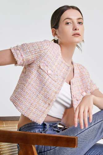 Pink Button-Up Short Sleeve Cropped Tweed Jacket
