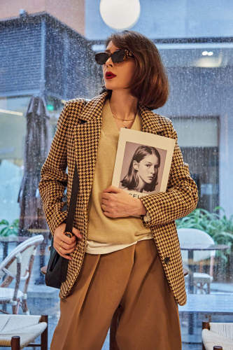 Saddle Brown Belted Houndstooth Single-Breasted Blazer