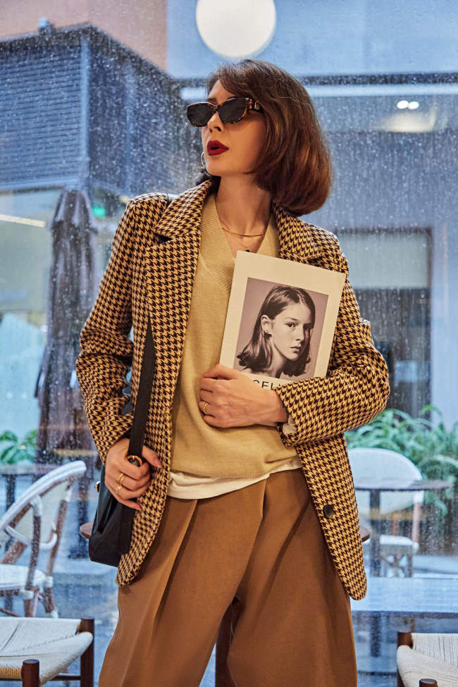 Saddle Brown Belted Houndstooth Single-Breasted Blazer