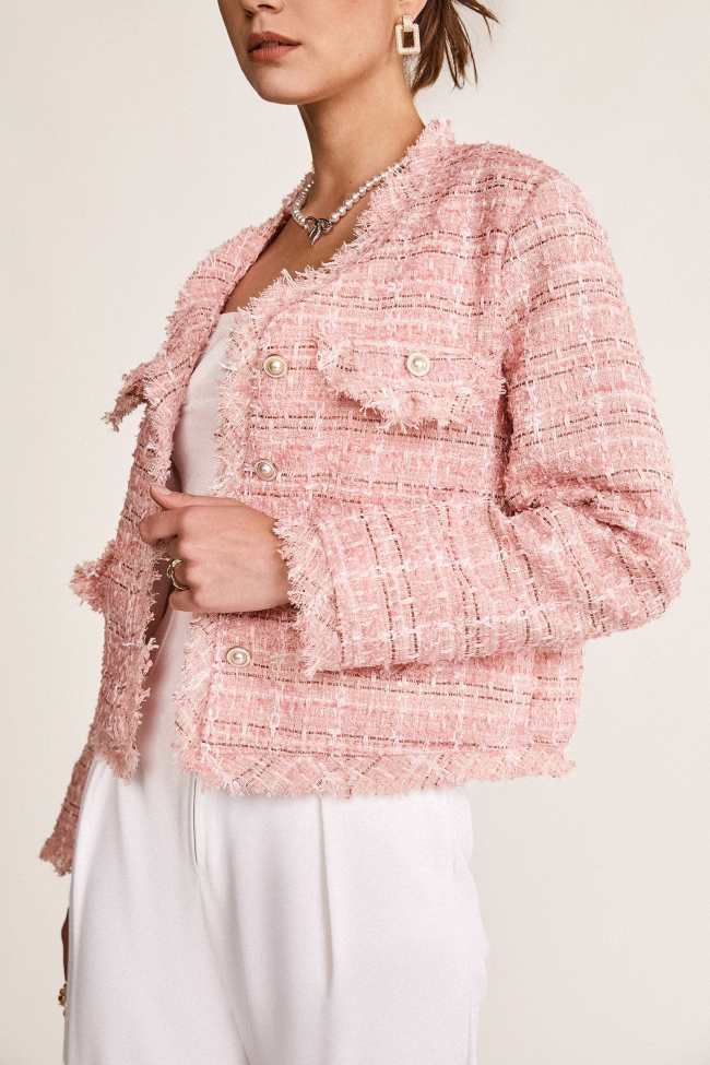 Pink Frayed V-Neck Tweed Jacket