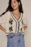 White Floral Embroidery Contrast Trim Cardigan