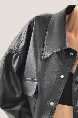Black Drawstring Hem Button Front Flap Pocket Vegan Leather Jacket