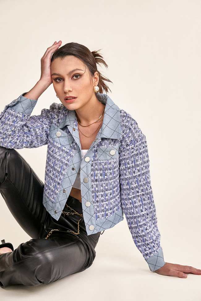 Light Steel Blue Denim Trim Button Front Tweed Jacket