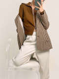 Saddle Brown Belted Houndstooth Single-Breasted Blazer